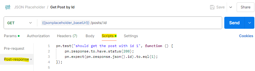 The screenshot showing the post response script
